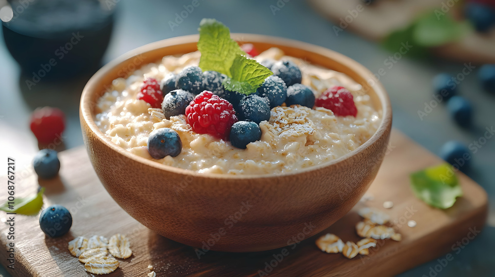 Closeup of Oatmeal with Berries in Wooden Bowl - Food Photography Closeup of Oatmeal with Berries in Wooden Bowl - Food Photography