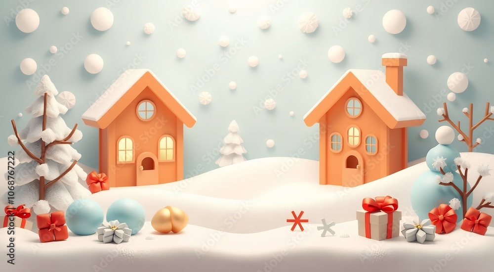 Two cute orange houses with snow roofs on a snowy landscape with a snowy pine tree, presents, and ornaments. Two cute orange houses with snow roofs on a snowy landscape with a snowy pine tree, presents, and ornaments.