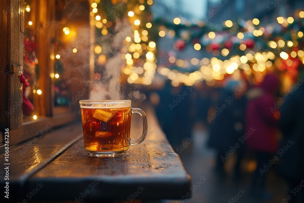 Steaming mug of German Glühwein on wooden stall counter at Christmas market, with festive lights and decorations.