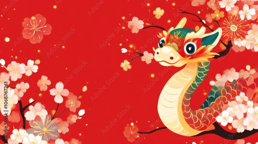 Obraz premium Chinese Dragon with Cherry Blossoms - Year of the Dragon