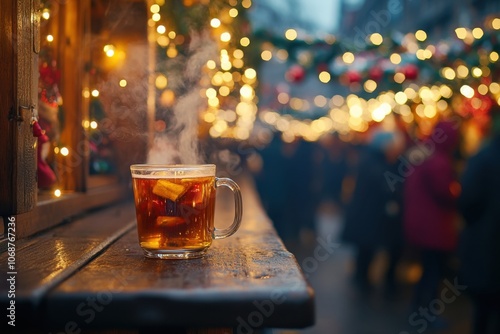 Obraz na płótnie Steaming mug of German Glühwein on wooden stall counter at Christmas market, with festive lights and decorations.
w salonie