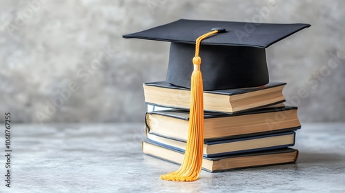 a graduation cap on top of a stack of books, against a grey background, with copy space for a concept related to education and training business ideas photo