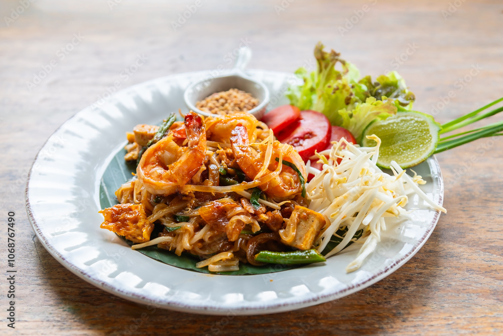Fried noodle Thai style with prawns or Pad Thai, famous traditional Thai food street food in Thailand. Fried noodle Thai style with prawns or Pad Thai, famous traditional Thai food street food in Thailand.