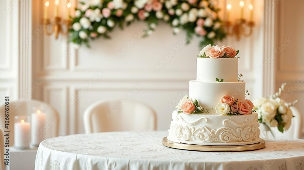 Elegant wedding cake with white frosting and floral decorations on a beautifully decorated table, table Elegant wedding cake with white frosting and floral decorations on a beautifully decorated table, table
