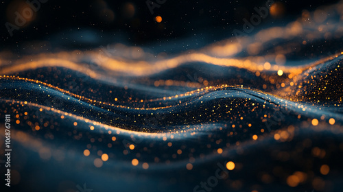 Shimmering waves of golden light create an enchanting atmosphere in a dark setting at night