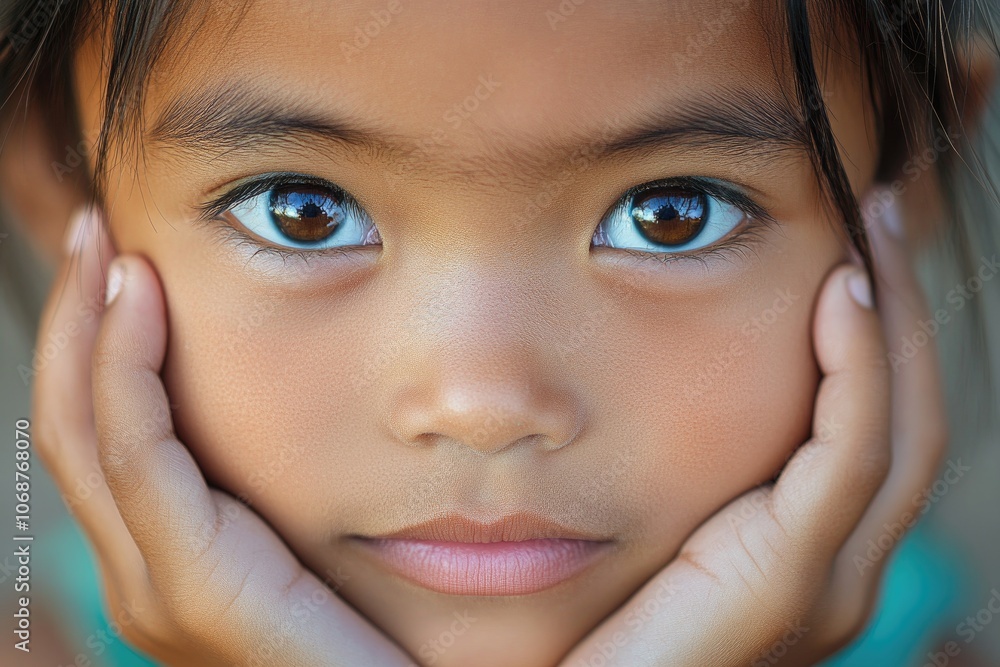 Portrait of young asian girl holding her face with hands Portrait of young asian girl holding her face with hands