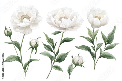 set of botanical watercolor white peony flowers and greenery for printing on wedding invitations, fabric or paper