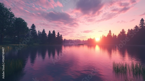 A sunset over a calm summer lake.