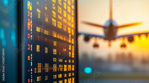A digital departure board displays flight times and gate information in an airport with airplane background. Generative AI
