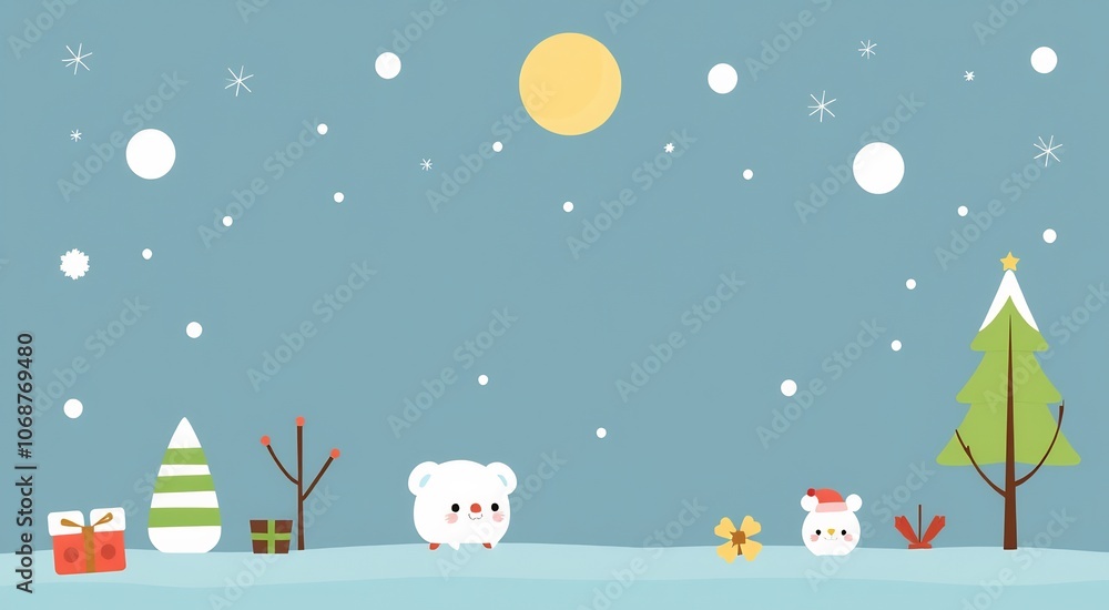 Winter wonderland with two cute bears, a Christmas tree and a gift. Winter wonderland with two cute bears, a Christmas tree and a gift.