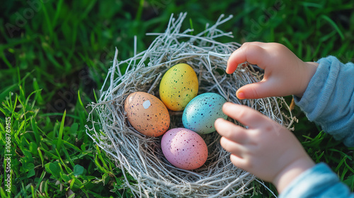 close up child's hand is getting easter eggs in a basket in green grass. egg hunt colorful decorated eggs in a wicker basket. Generative AI photo