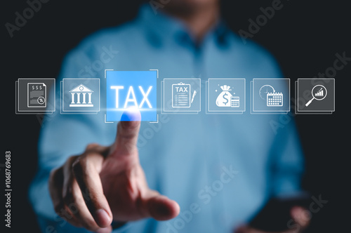 Tax Management and Government Taxation Concept. Person interact with tax interface, icon related to tax filing, government institutions, financial planning, payment deadlines, efficient tax management photo