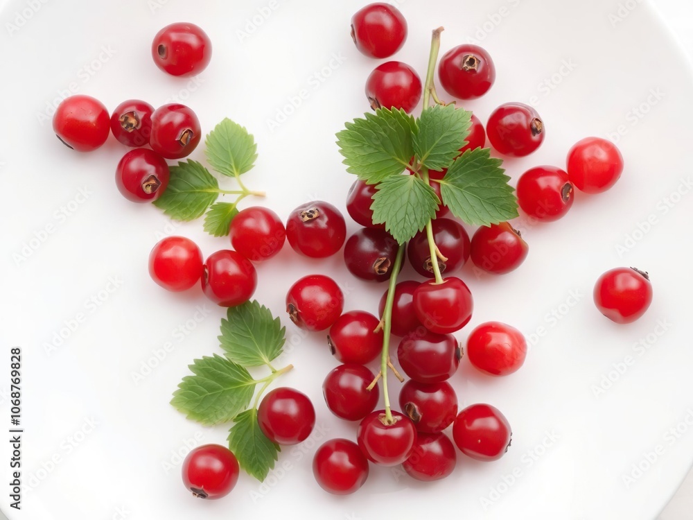 Fresh red currants scattered on a plain white plate, table setting, fresh produce, vibrant colors Fresh red currants scattered on a plain white plate, table setting, fresh produce, vibrant colors