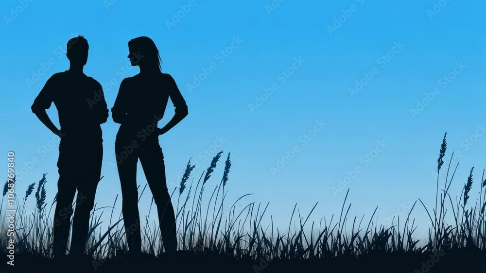 A man and woman stand silhouetted against a blue sky, overlooking a field of tall grass A man and woman stand silhouetted against a blue sky, overlooking a field of tall grass