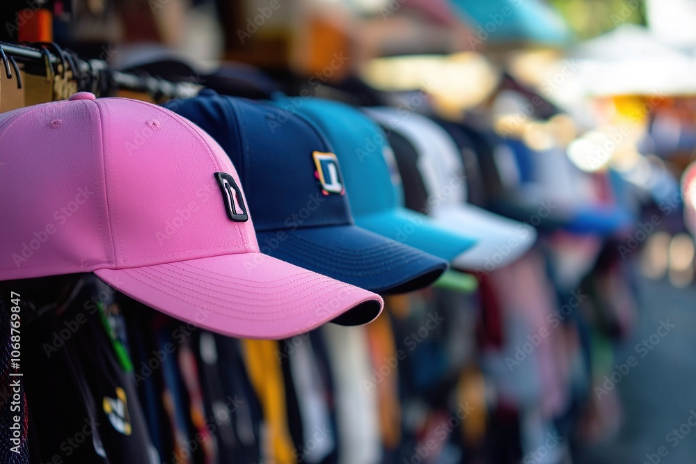 Obraz premium A display of colorful baseball caps hanging on an outdoor line