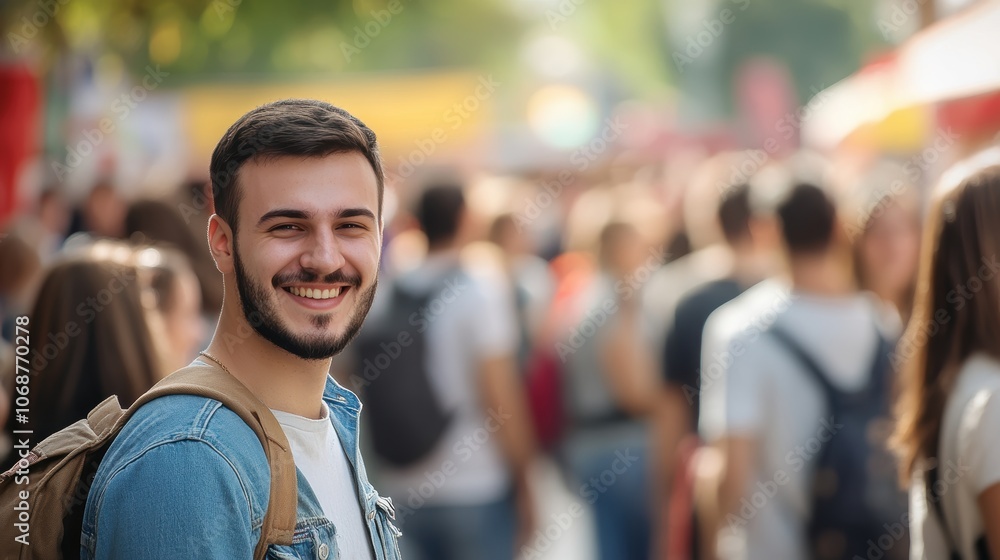 Smiling young Caucasian man in a busy outdoor festival setting. Smiling young Caucasian man in a busy outdoor festival setting.