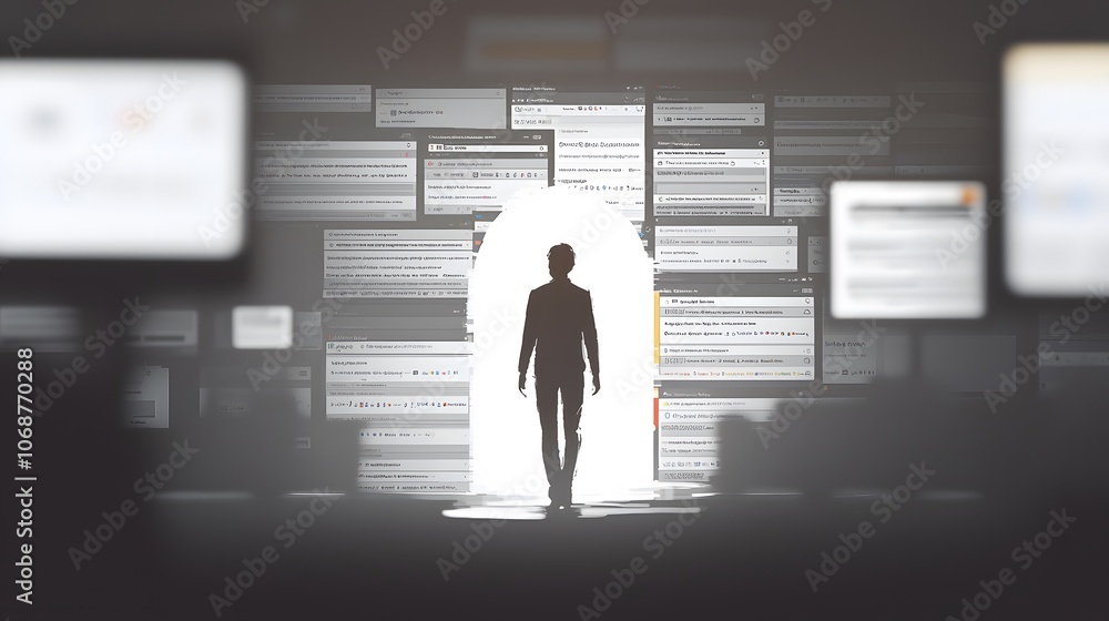 Search Engine Arch: A person walks through an archway formed by search engine result pages. The pages overlap, displaying snippets of information. The background features blurred screens with Search Engine Arch: A person walks through an archway formed by search engine result pages. The pages overlap, displaying snippets of information. The background features blurred screens with