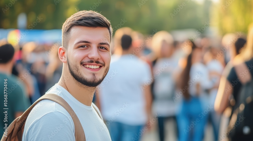Fototapeta premium Happy young man with beard smiling at outdoor event, surrounded by a lively crowd.