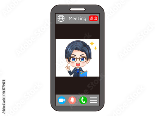 リモートでWEB会議するサラリーマンちびキャラのイラスト素材