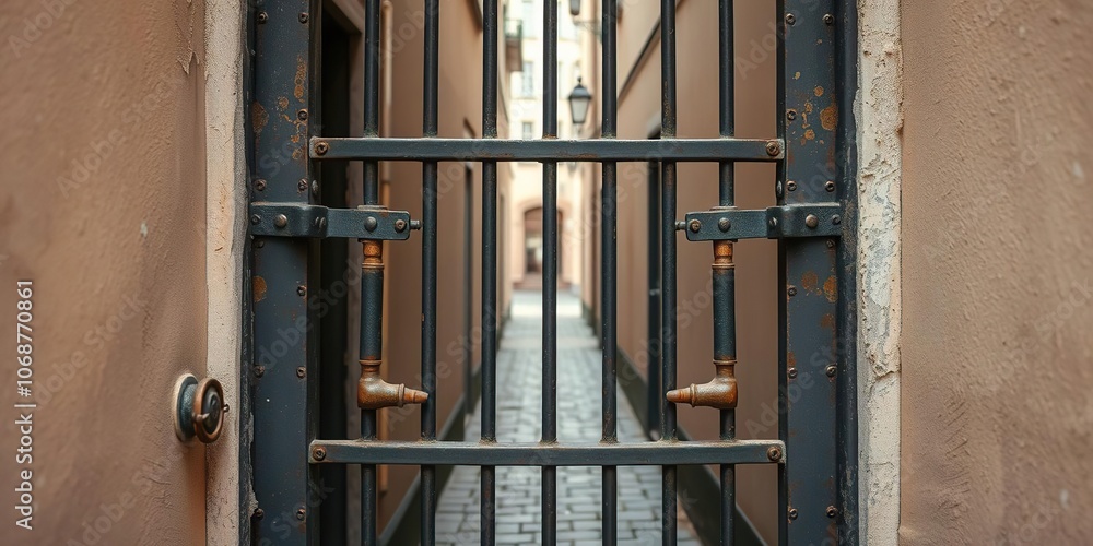 Metal gate with rusty handles in a narrow alleyway of Krakow's historic district, cobblestone pavement, rusty hinges Metal gate with rusty handles in a narrow alleyway of Krakow's historic district, cobblestone pavement, rusty hinges