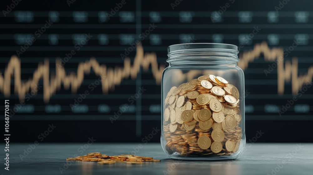 Golden coins spilling from a jar with a backdrop of financial graphs, symbolizing growth and security Golden coins spilling from a jar with a backdrop of financial graphs, symbolizing growth and security