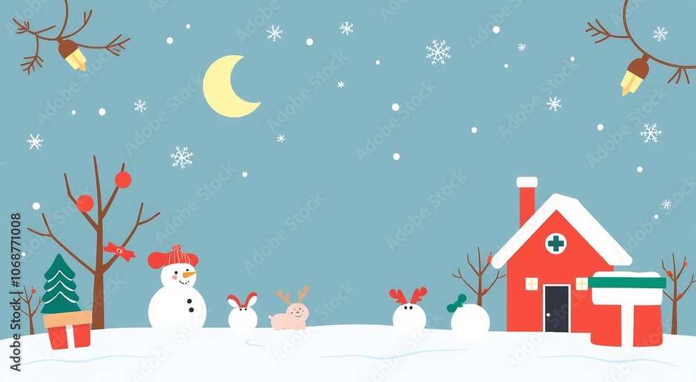 A cheerful winter scene with snowmen, a reindeer, a snowman wearing a hat, a Christmas tree, and a red house with a green chimney. A cheerful winter scene with snowmen, a reindeer, a snowman wearing a hat, a Christmas tree, and a red house with a green chimney.