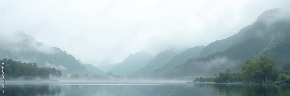 Misty mountains in the distance with bamboo forests and a serene lake, misty mountains, bamboo forest, Chinese landscape painting Misty mountains in the distance with bamboo forests and a serene lake, misty mountains, bamboo forest, Chinese landscape painting