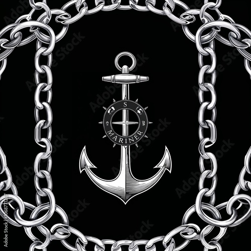 Silver mariner chain nautical inspired design on plain black dark background photo