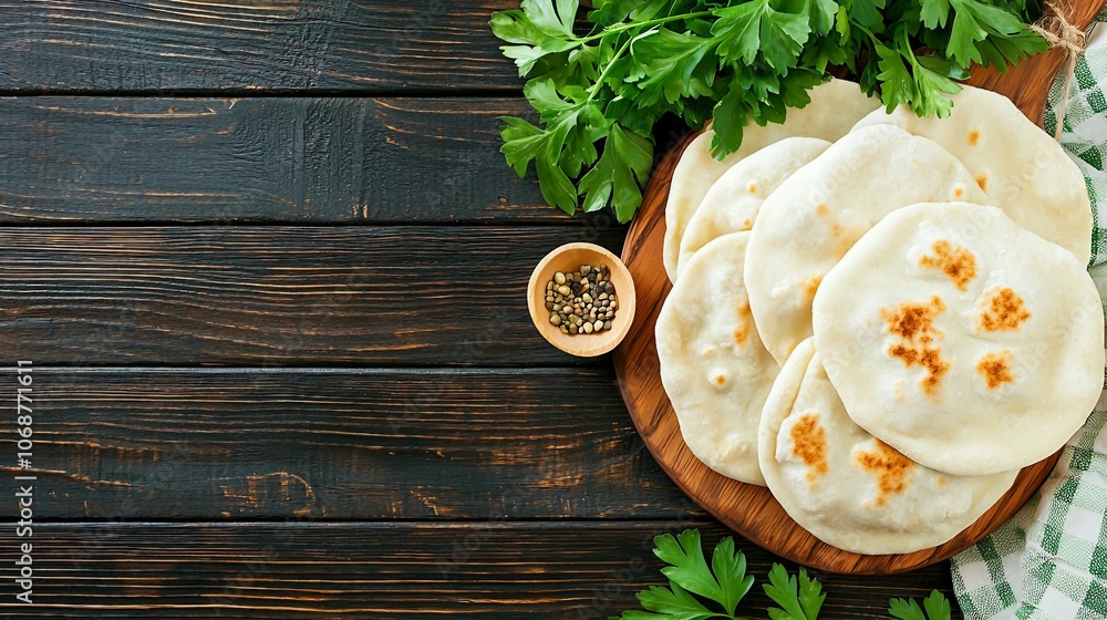 Rustic Wooden Background with Fresh Flatbreads and Herbs Rustic Wooden Background with Fresh Flatbreads and Herbs