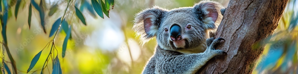 Fototapeta premium Koala clinging to tree, looking cute in natural habitat