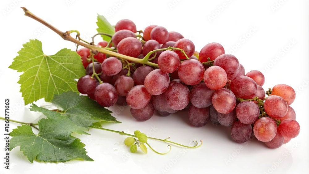 Obraz premium Ripe red grapes with a few green leaves and stems, macro, leaves
