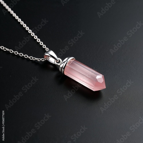 Sterling silver chain with rose quartz pendant soft pink touch on plain black dark background photo