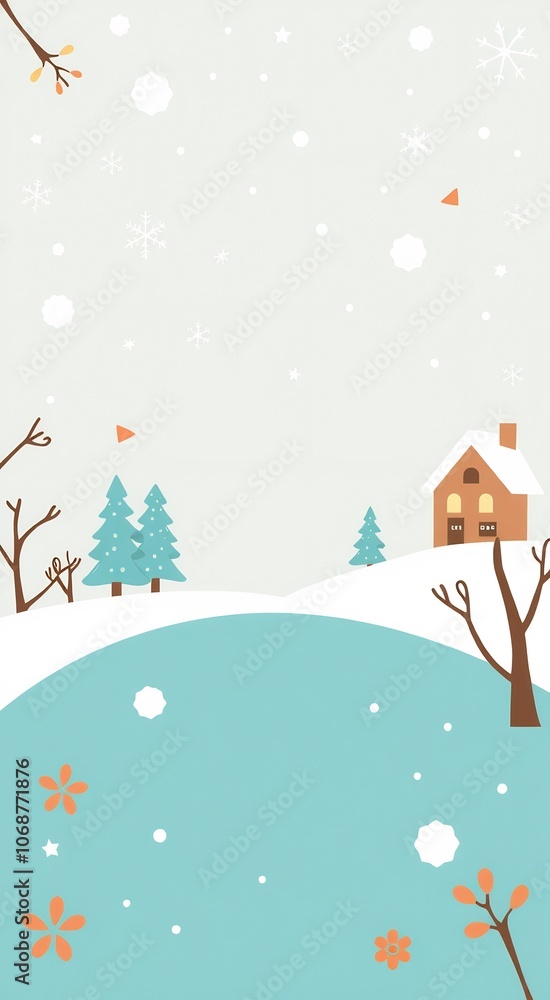 Simple Illustration of a Snow Covered Winter Landscape with a House, Trees, and Snowflakes. Simple Illustration of a Snow Covered Winter Landscape with a House, Trees, and Snowflakes.