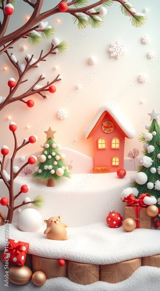 Snowy winter wonderland with a cute house, Christmas tree, and ornaments. Snowy winter wonderland with a cute house, Christmas tree, and ornaments.