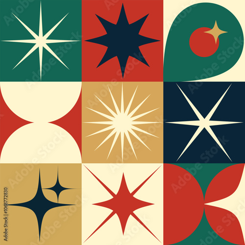 Seamless pattern with Christmas mid century modern style stars and sparkles. Hand drawn geometrical vector illustration