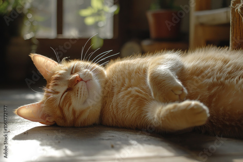 Sleeping orange cat in a sunlit room, peaceful and relaxed, home atmosphere. photo