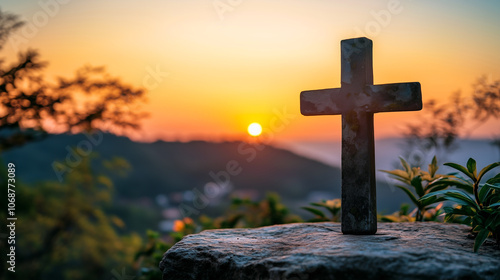 The cross standing on mountain sunset. background. Cross on a hill as the morning sun comes up for the day. The cross symbol for Jesus Christ. The crosses sign. Generative AI