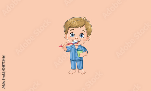 Smiling boy brushing teeth with a cup in hand