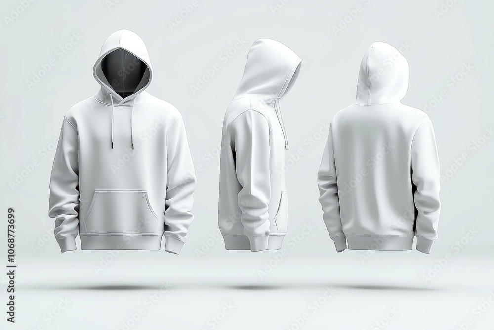 Stylish white hoodie showcasing front, side, and back views on a neutral background. Stylish white hoodie showcasing front, side, and back views on a neutral background.