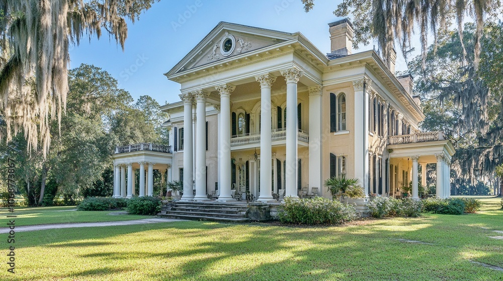 Fototapeta premium Colonial Mansion with Columns and Wraparound Porch on a Spacious Estate