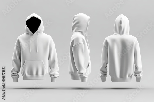 A stylish, unbranded white hoodie showcased from three angles. photo