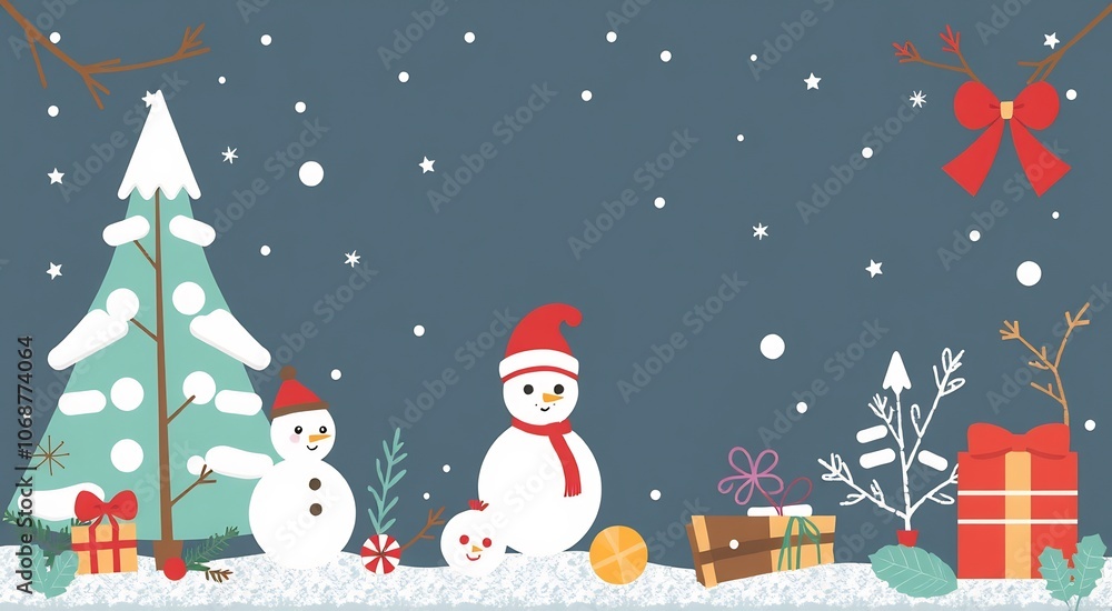 Christmas snow scene with a snowman, a Christmas tree, and presents. Christmas snow scene with a snowman, a Christmas tree, and presents.