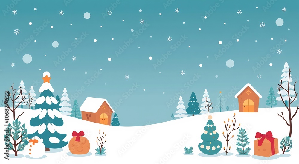 A snowy winter scene with a snowman, Christmas trees, and houses. A snowy winter scene with a snowman, Christmas trees, and houses.