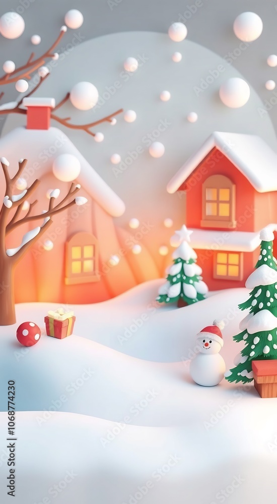 Cute snowman with presents in winter village. Cute snowman with presents in winter village.
