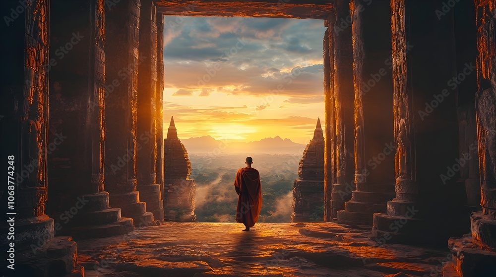 Fototapeta premium Monk Silhouetted at Entrance of Majestic Ancient Temple Overlooking Scenic Valley at Sunset