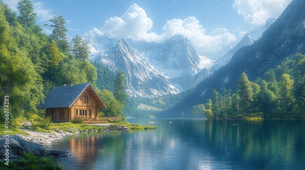 wood cabin nestled by a serene lake, surrounded by towering trees and majestic mountains, creating a picturesque natural landscape that invites tranquility and connection with nature wood cabin nestled by a serene lake, surrounded by towering trees and majestic mountains, creating a picturesque natural landscape that invites tranquility and connection with nature