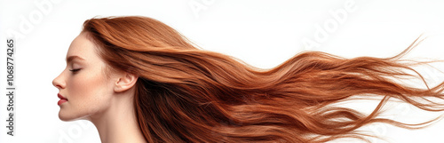 Wallpaper Mural Profile of a woman with long, flowing red hair against a white background. Her eyes are closed, and her hair is shown blowing in the wind. Torontodigital.ca