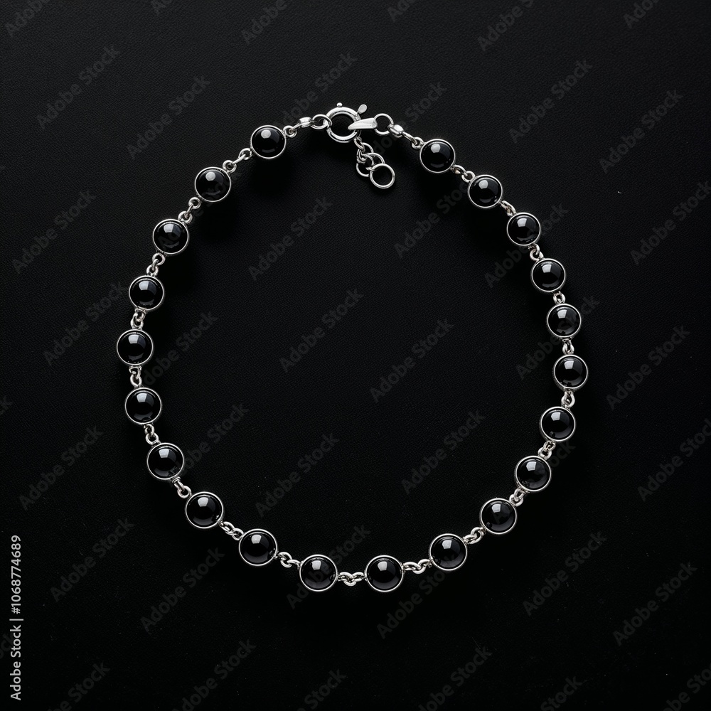 Oxidized silver chain with onyx beads bold and mysterious on plain black dark background Oxidized silver chain with onyx beads bold and mysterious on plain black dark background