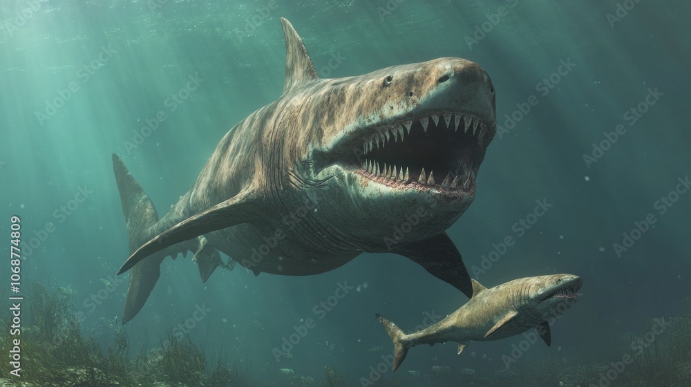 Naklejka premium Two Prehistoric Sharks Swimming in the Deep Blue