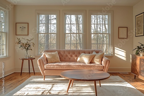 A mid century modern interior in the living room of a house with a light pink sofa and table and a window in view. Generative AI
 photo